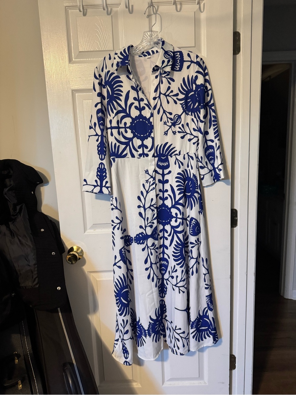 Blue and White Floral Maxi Shirt Dress